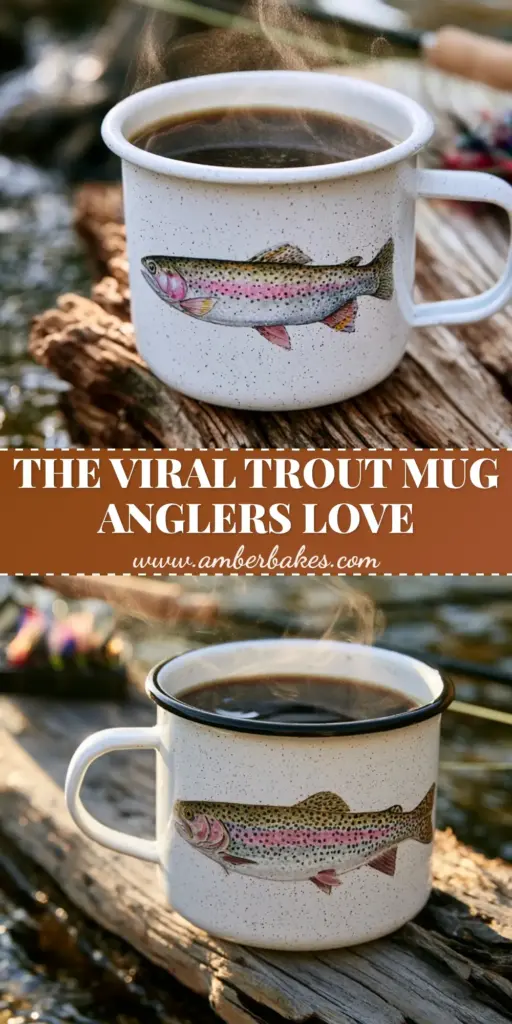 A close up of a white speckled enamel rainbow trout mug with coffee on a driftwood log at a mountain stream during golden hour.