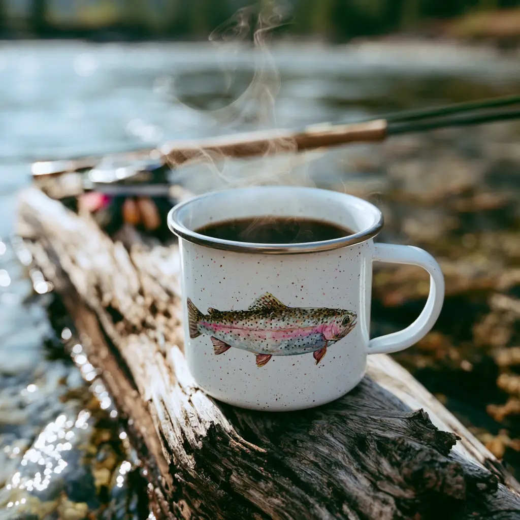 A fly fishing rod and fly box blurred in the background of a rainbow trout mug coffee shot.