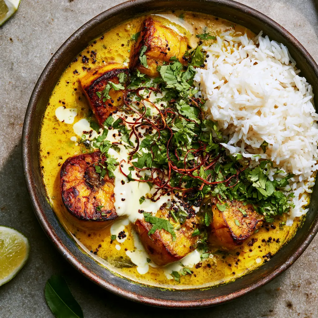 Close up of caramelized plantain chunks in a coconut milk sauce with cilantro and toasted black mustard seeds. (plantain curry)