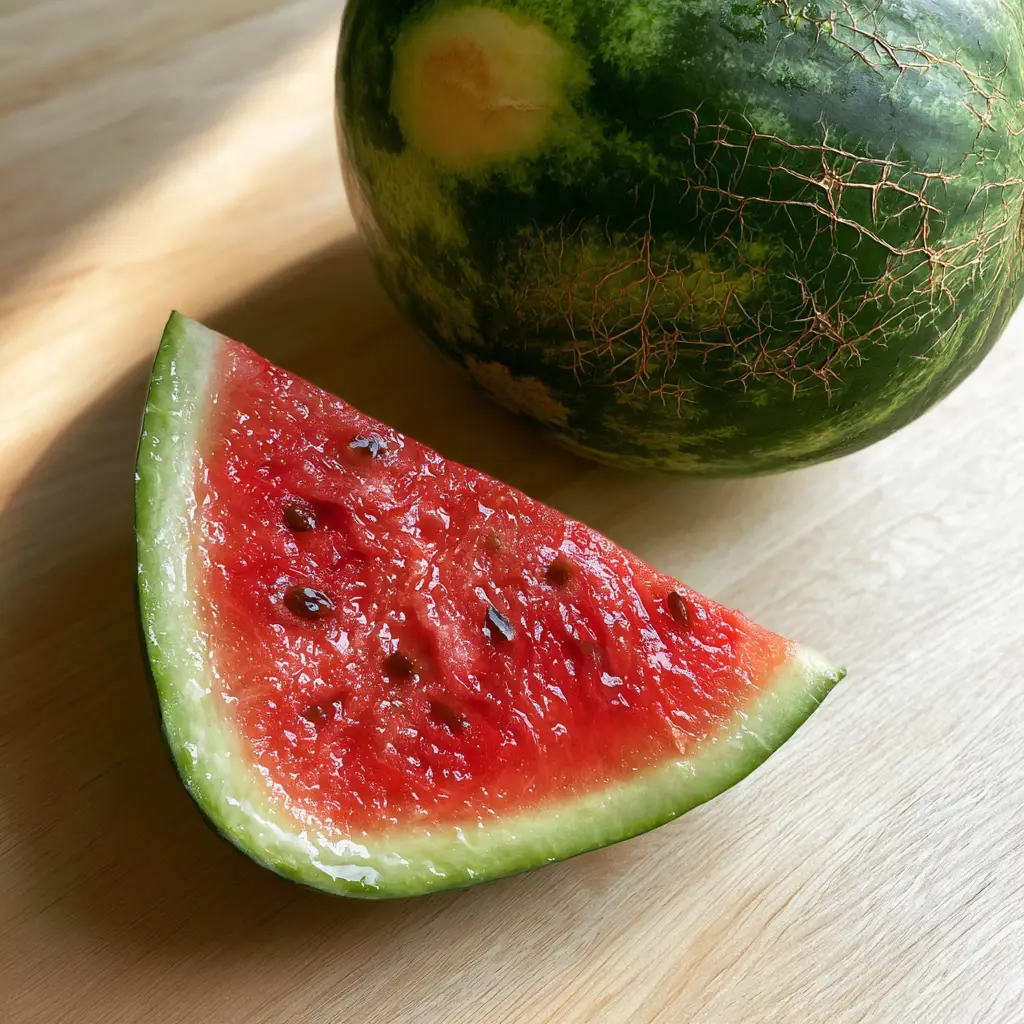 Top-down view of a whole watermelon with deep yellow field mark and a fresh ruby-red wedge. (Watermelon Facts)