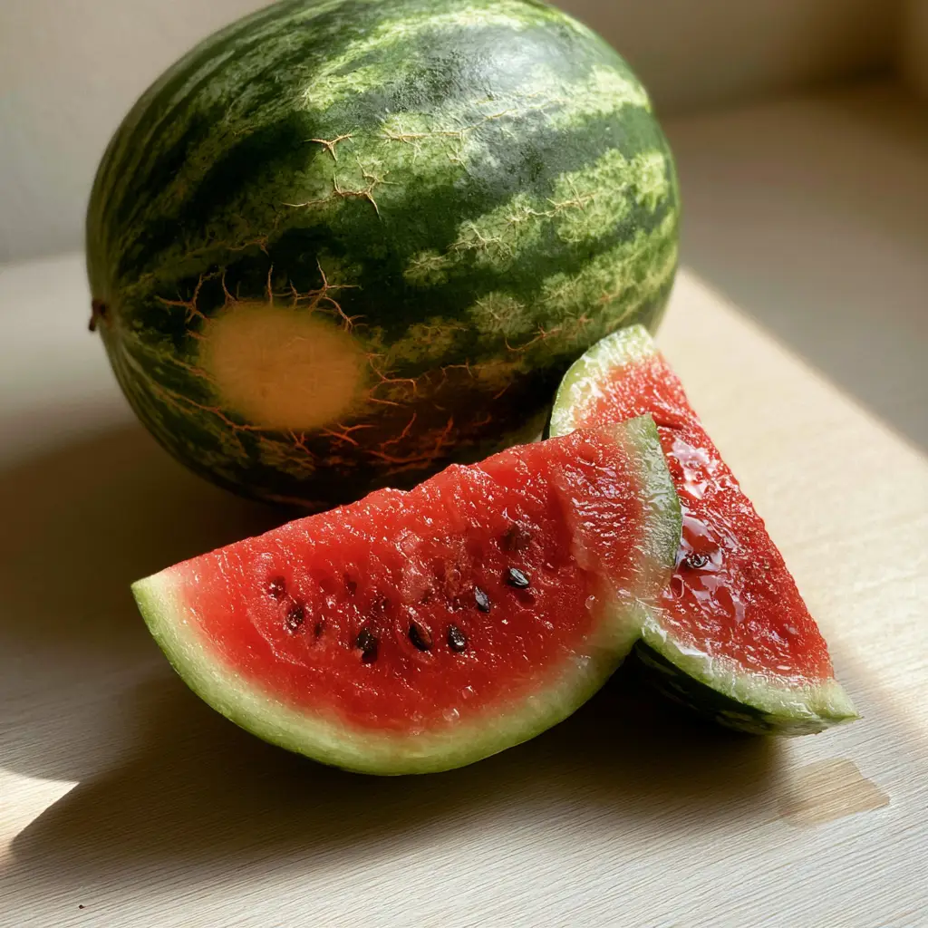 Close-up of grainy ruby-red watermelon flesh with black seeds and glistening juice droplets.