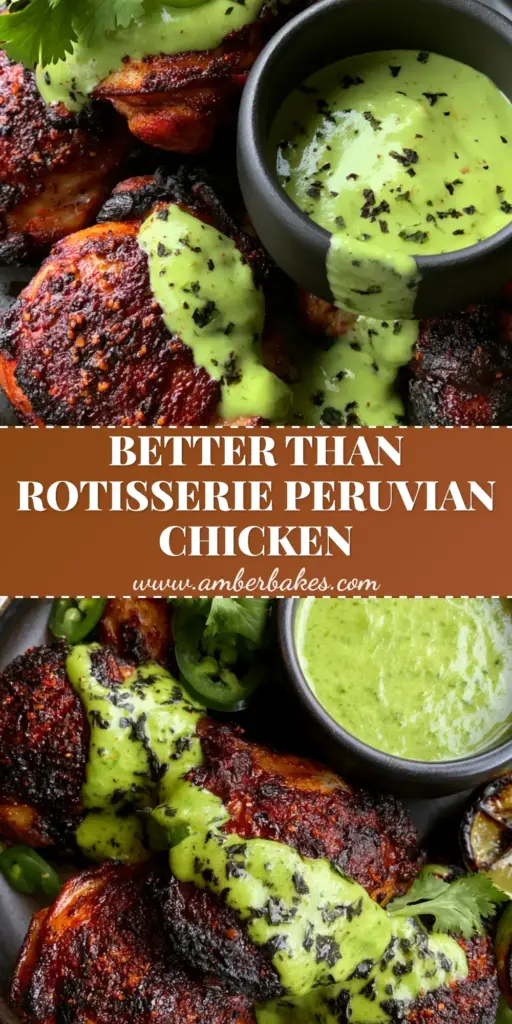 A top-down view of grilled Peruvian Chicken thighs with mahogany skin, drizzled with bright green Aji Verde sauce and garnished with jalapenos. (Peruvian Chicken)