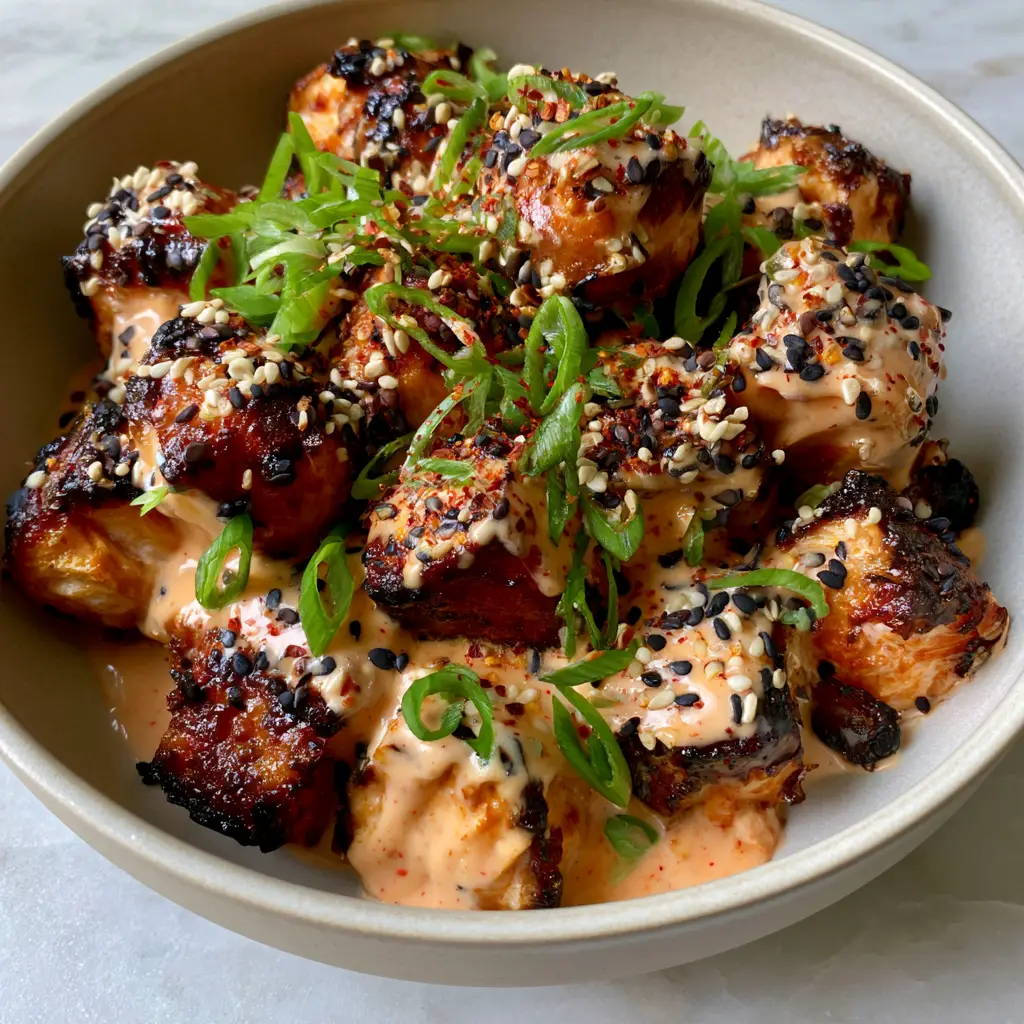 Macro view of flaky salmon cubes smothered in coral sauce with sesame seeds and green scallions.