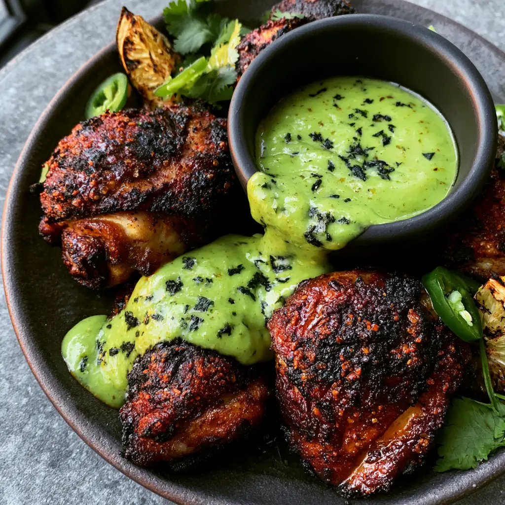 Overhead shot of Peruvian Chicken thighs with visible spice rub and Aji Verde drizzle on a stone background.