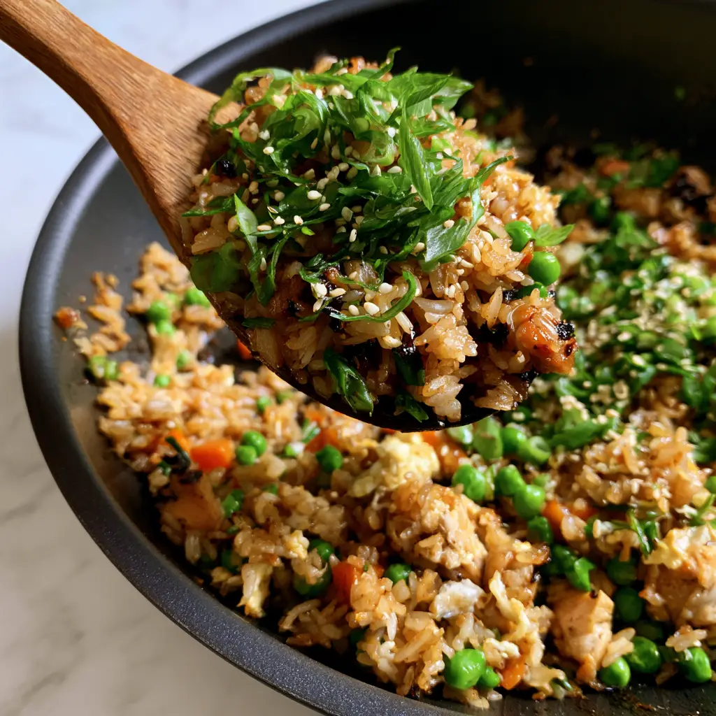 Sizzling fried rice in a wok with delicate wisps of fluffy scrambled egg and charred chicken breast pieces. (fried rice recipe)