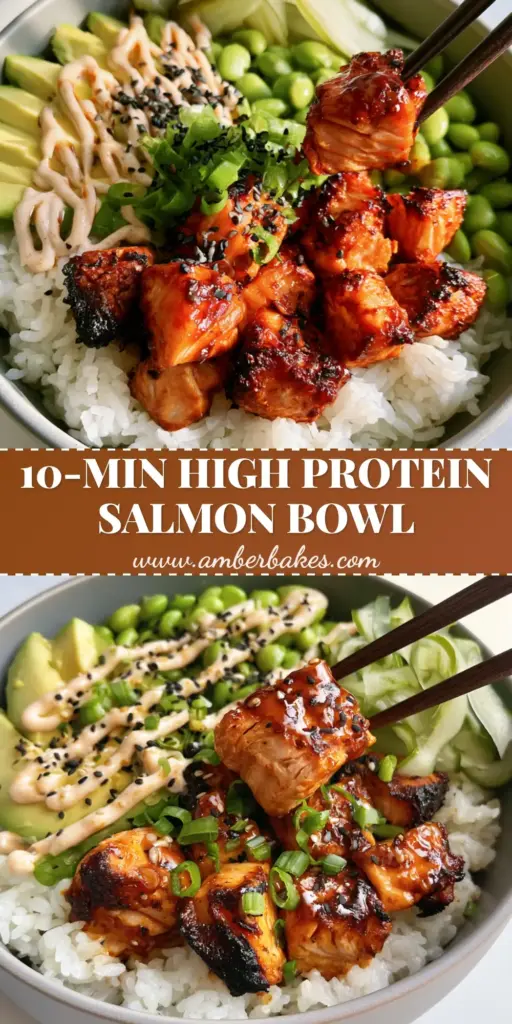 Gourmet Air Fryer Salmon Rice Bowl with honey-sriracha glazed salmon, avocado, and pickled cucumbers. (salmon rice bowl recipe)