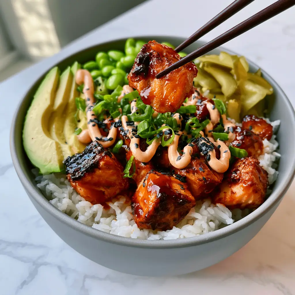 Handheld photo showing a salmon cube being lifted by wooden chopsticks over a vibrant rice bowl. (salmon rice bowl recipe)
