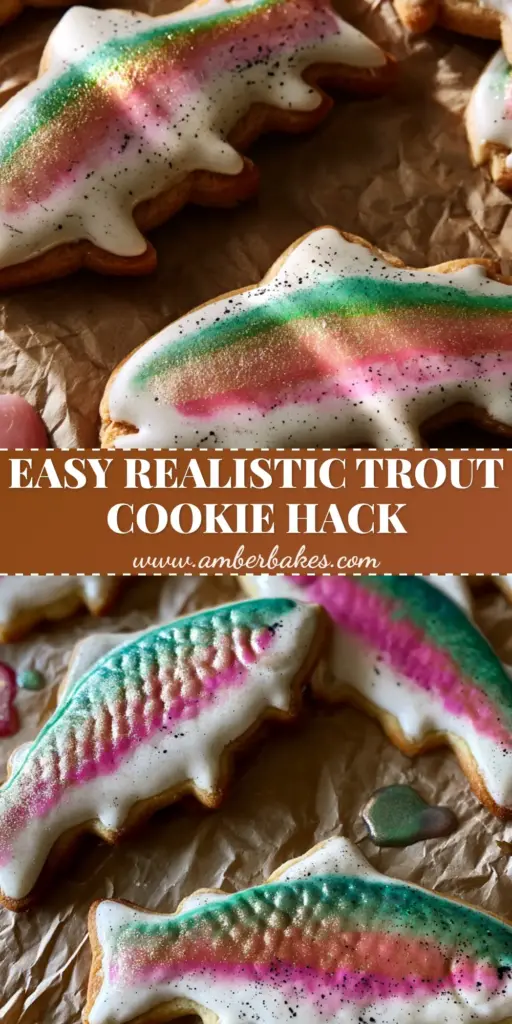 A collection of realistic trout shaped sugar cookies decorated with pink and green watercolor icing on brown parchment paper. (Rainbow Trout Cookies)