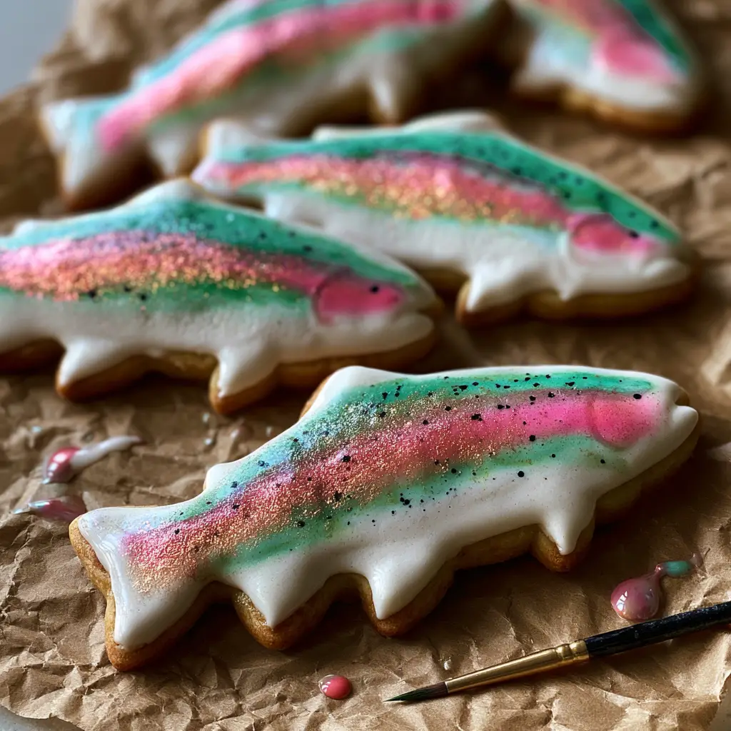 Top down shot of several rainbow trout shaped sugar cookies with iridescent shimmer and pink streaks. (Rainbow Trout Cookies)