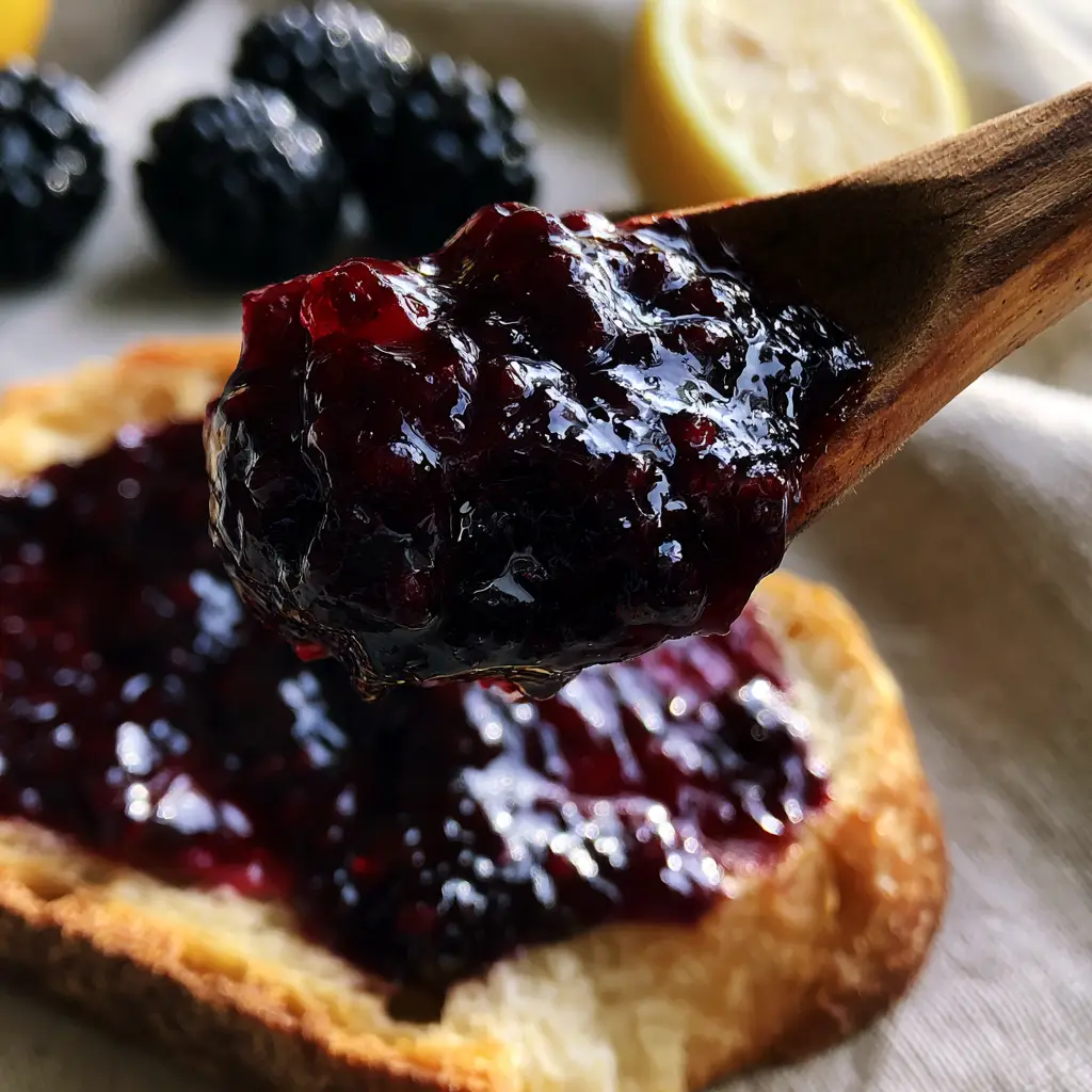 Toasted sourdough bread partially spread with viscous obsidian-purple blackberry jam in soft natural light.