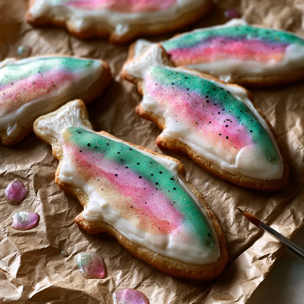 Close up of watercolor painting process on trout cookies with a small paintbrush nearby. (Rainbow Trout Cookies)