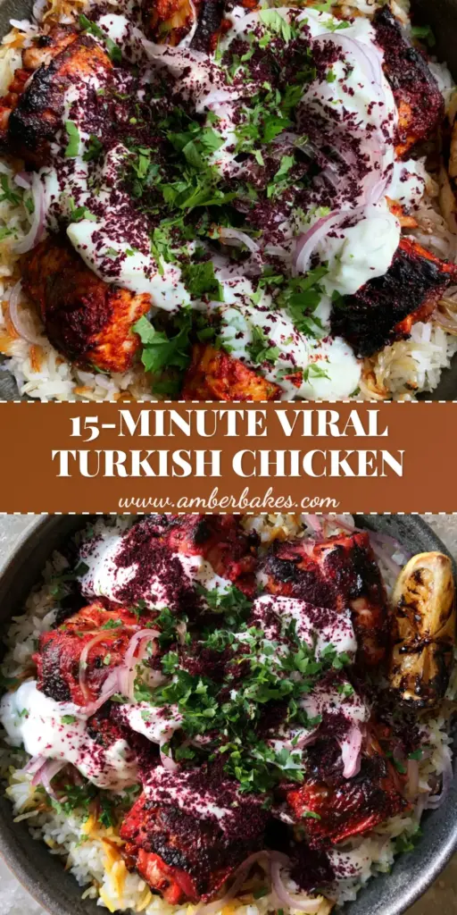 A top-down view of an Istanbul-style chicken and rice bowl with charred chicken thighs, garlic yogurt drizzle, and sumac. (Turkish recipes)