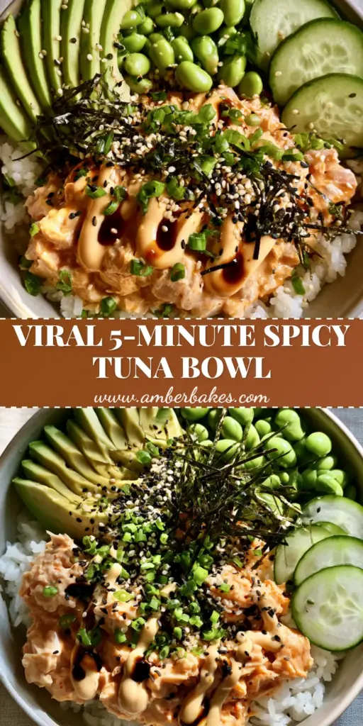 A gourmet Canned Tuna Bowl with spicy mayo drizzle, fanned avocado, and edamame in a matte ceramic bowl.