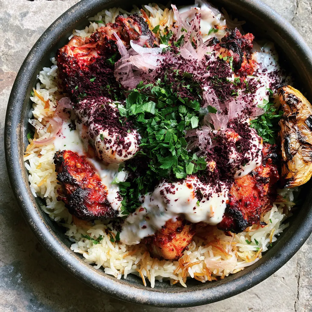 Close-up of thick garlic yogurt sauce drizzled over charred chicken with burgundy sumac. (Turkish recipes)