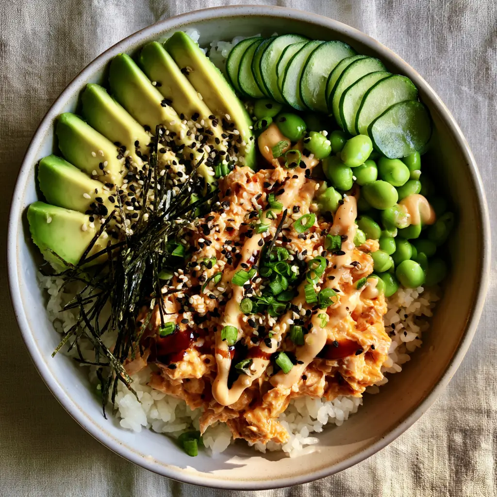Close-up of the thick sriracha-mayo drizzle on a gourmet Canned Tuna Bowl.