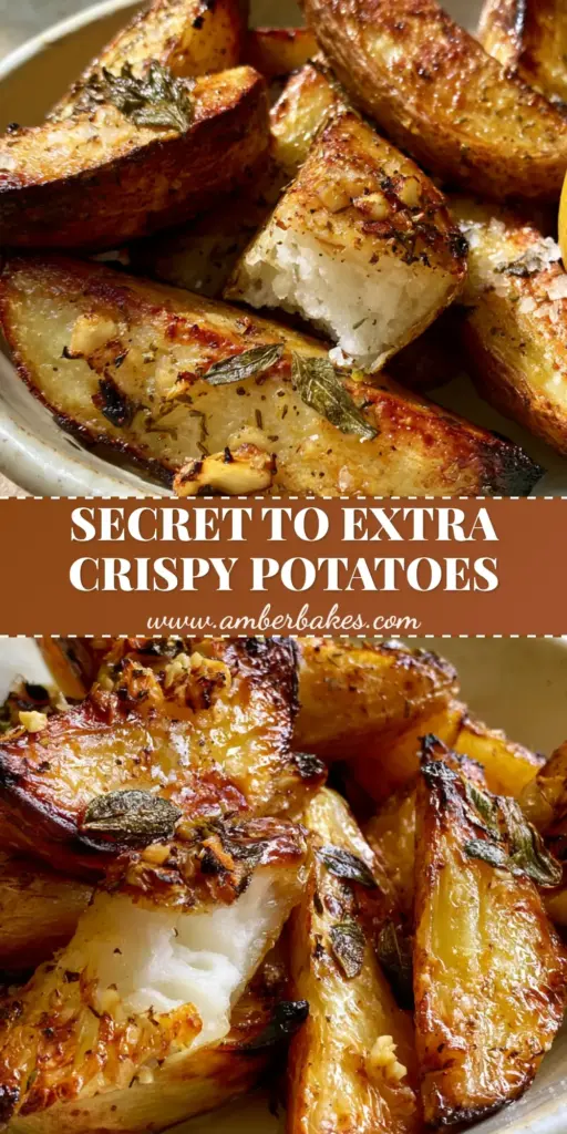 A pile of golden-brown Greek lemon potato wedges with charred garlic and oregano in a ceramic dish. (Greek potatoes recipe)