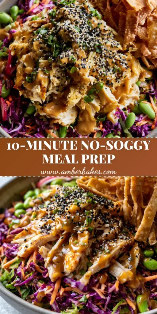 A vibrant Asian chicken crunch salad in a modern matte ceramic bowl with shredded cabbage, carrots, and golden wonton strips under natural light.