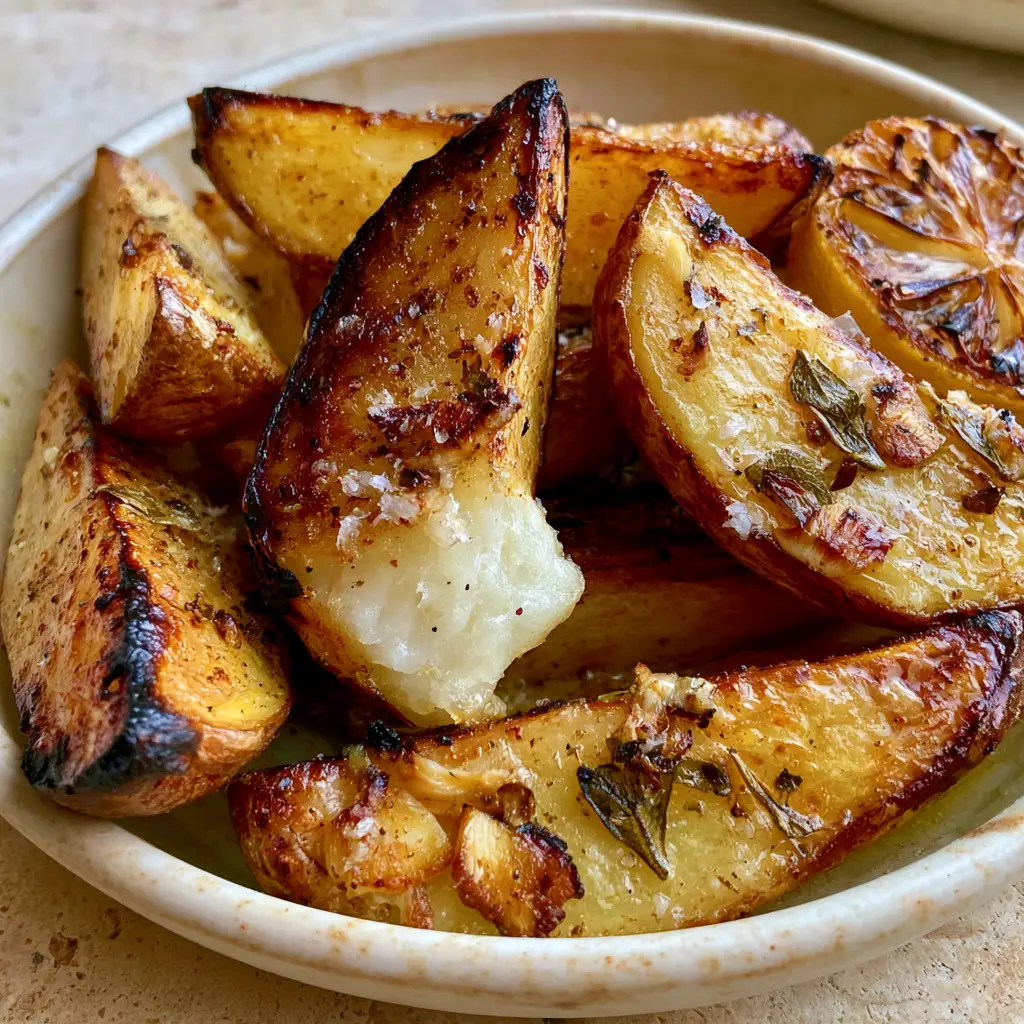 Rustic ceramic dish filled with Greek potatoes, garnished with sea salt, oregano, and a charred lemon half.