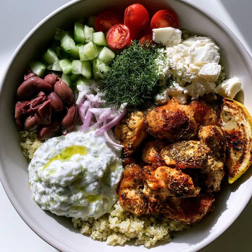 Close up of creamy tzatziki sauce with grated cucumber and olive oil drizzle in a Greek bowl. (Greek Recipes)