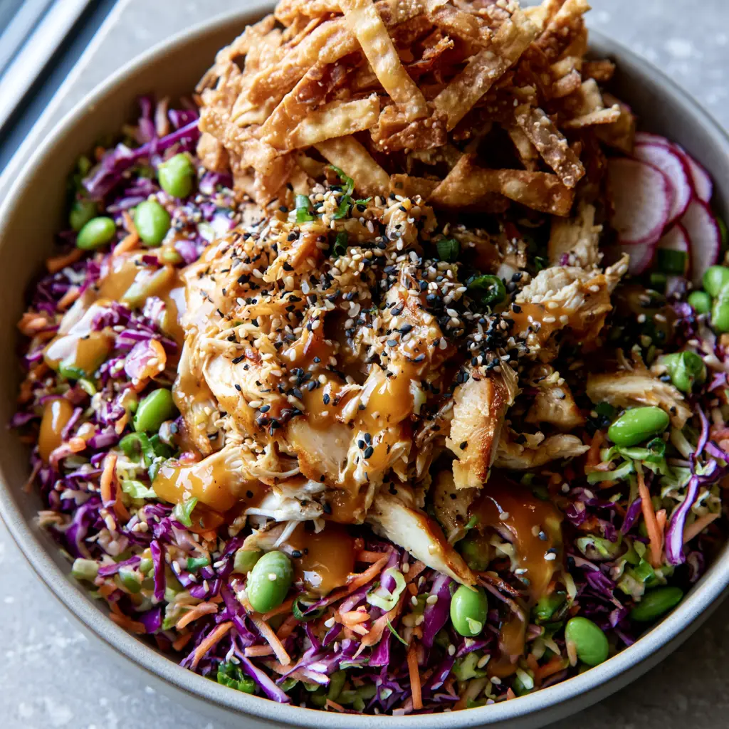 A high-angle shot showing the glossy amber sesame ginger dressing drizzled over an asian chicken crunch salad.