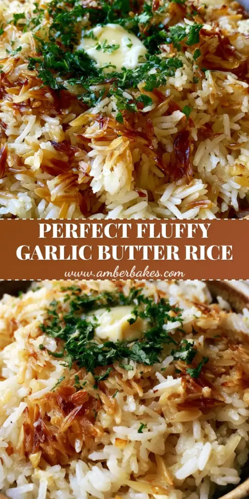 Vertical Pinterest Pin showing a steaming bowl of rice pilaf with toasted orzo, fresh parsley, and a melting butter pat. (rice pilaf recipe)