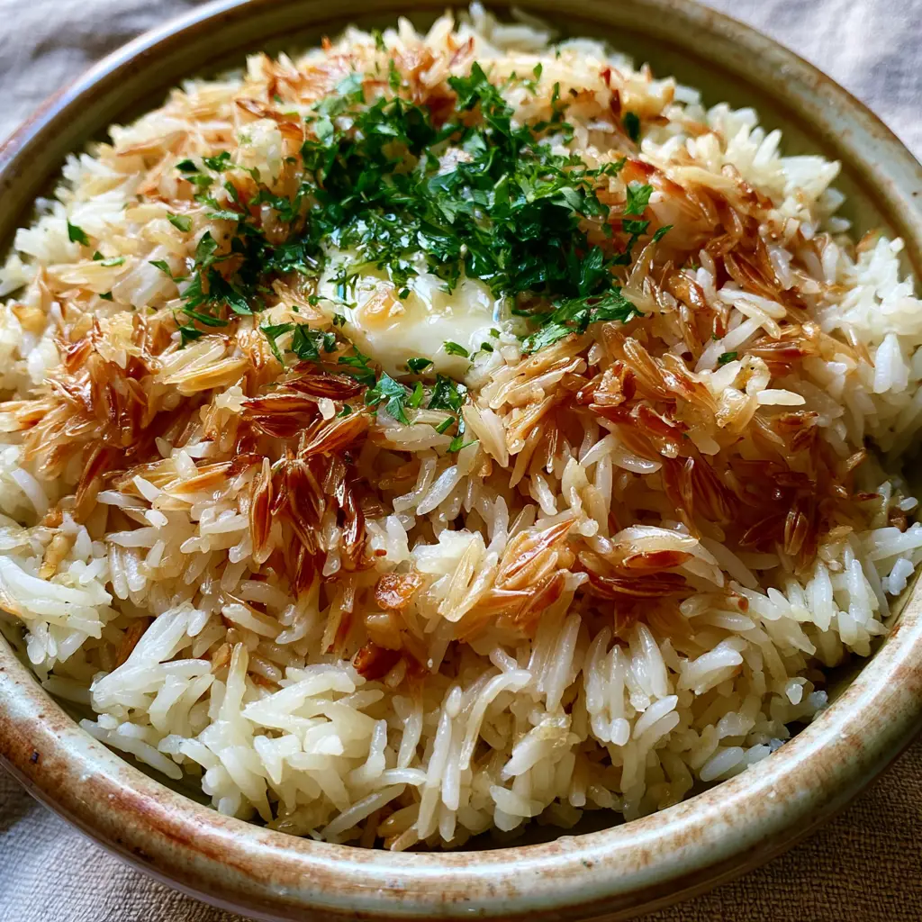 Side view of rice pilaf in a ceramic bowl with visible bits of sautéed garlic and fresh parsley garnish. (rice pilaf recipe)