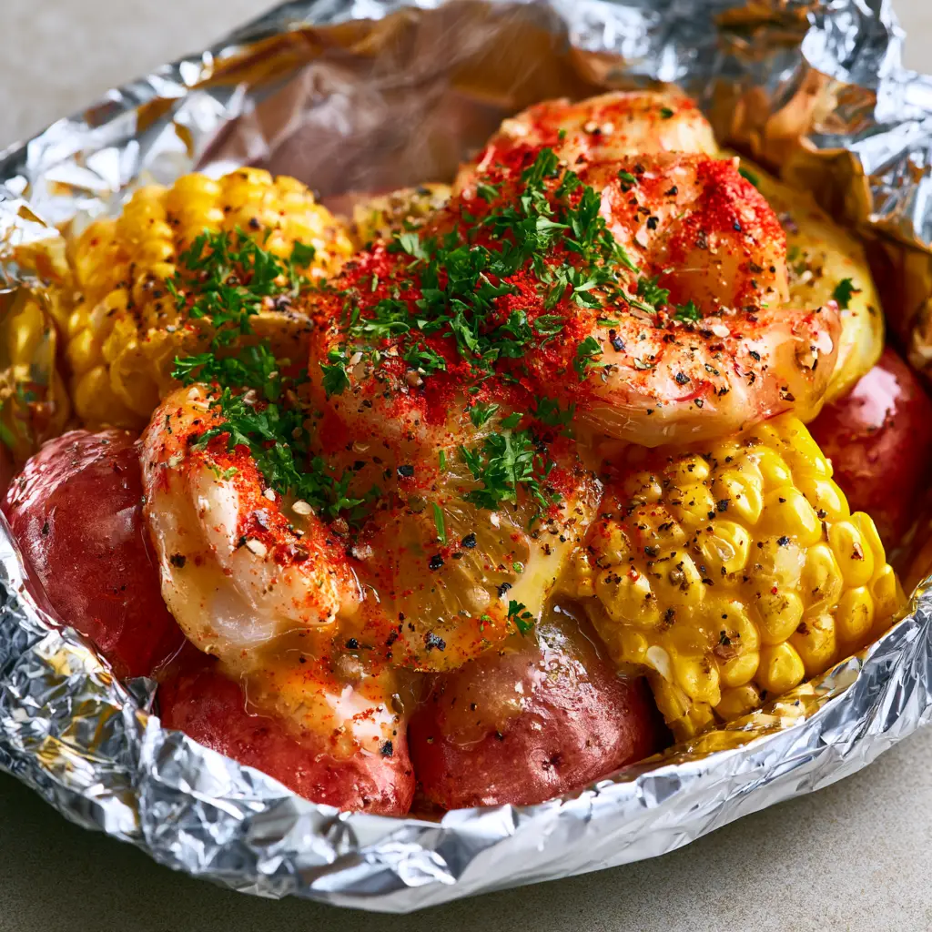 Opened foil packet showing charred corn on the cob rounds and steamed red potatoes with fresh parsley garnish. (foil packet recipes)