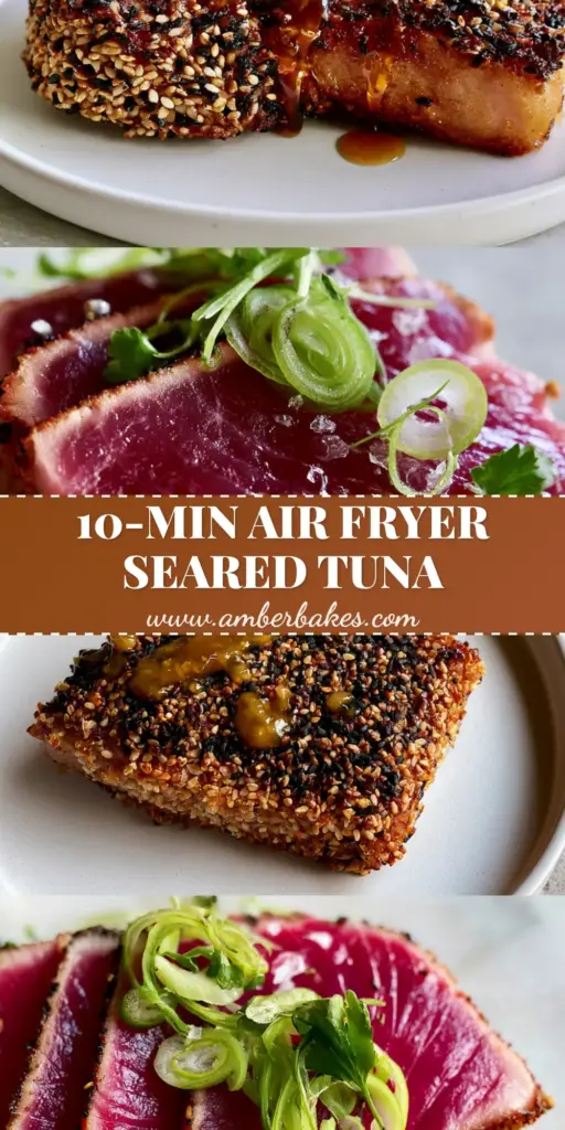 A premium seared Ahi Tuna steak with a thick black and white sesame seed crust, sliced to reveal a vibrant pink center, drizzled with glossy ginger-soy glaze. (Tuna Steaks)