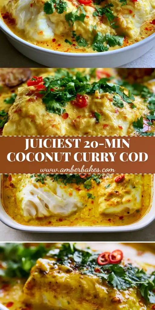 A top-down view of coconut curry baked cod in a white ceramic dish, featuring golden sauce, red chili oil droplets, and fresh cilantro. (coconut curry baked cod)
