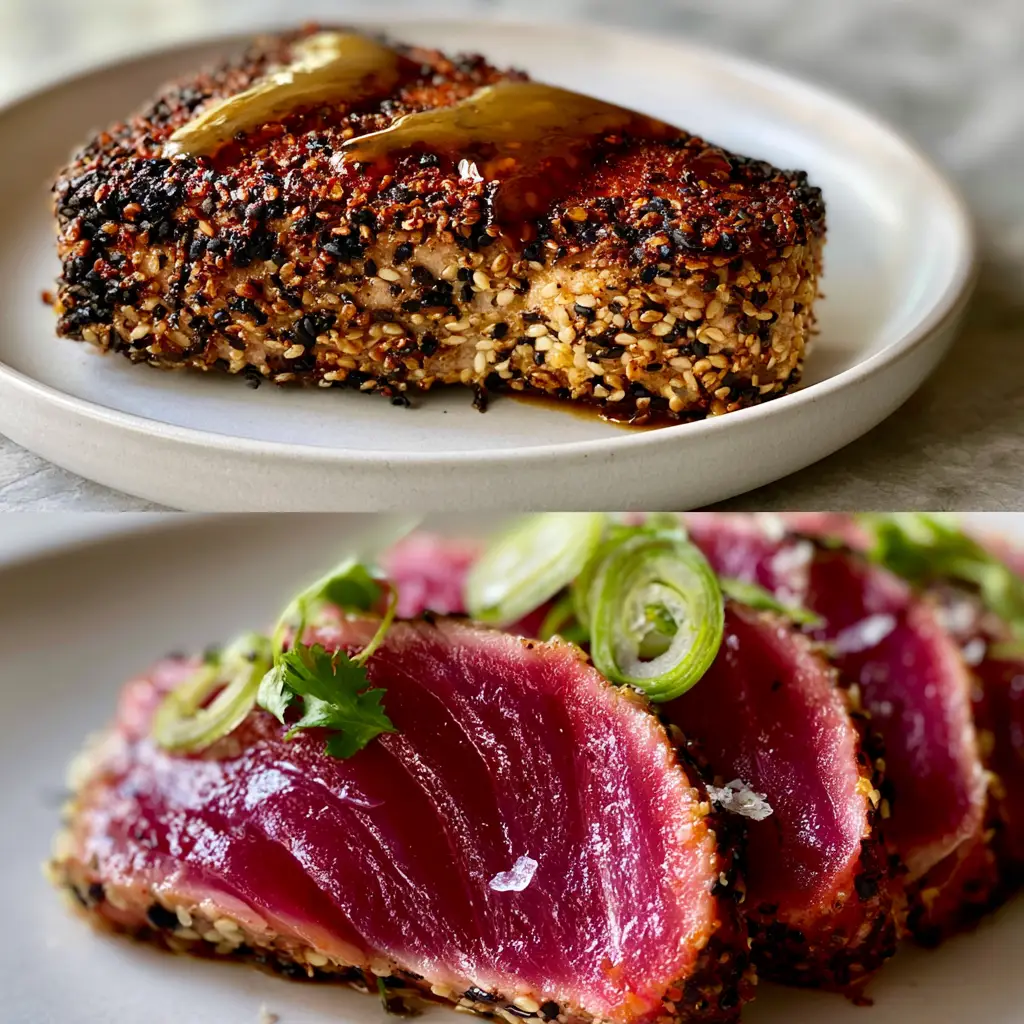 Detailed view of sliced Tuna Steaks with micro-cilantro and scallion garnish on a minimalist white plate.