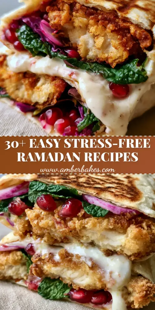 A stack of buttermilk fried chicken wraps with pomegranate seeds and mint, highlighting Ramadan recipes.