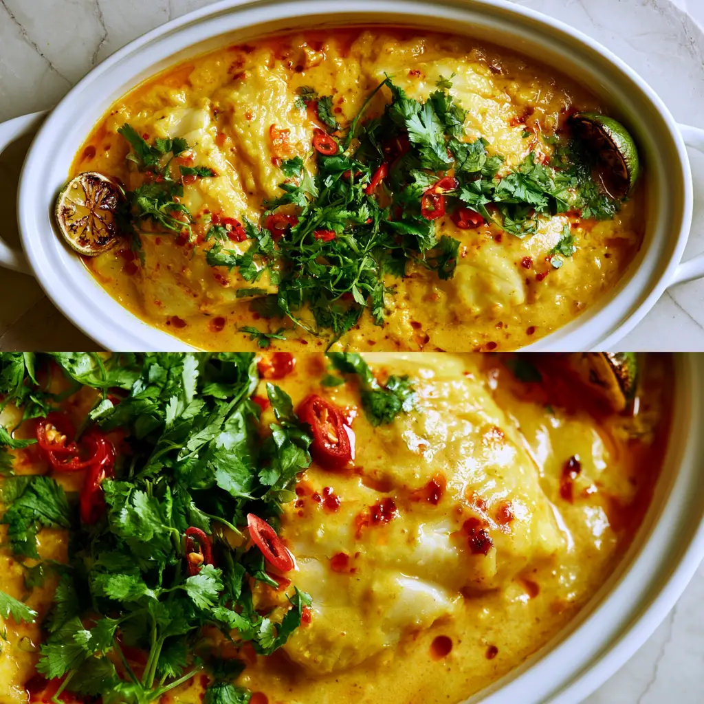 Macro shot of a single cod fillet in rich golden sauce with charred lime and red chilies.