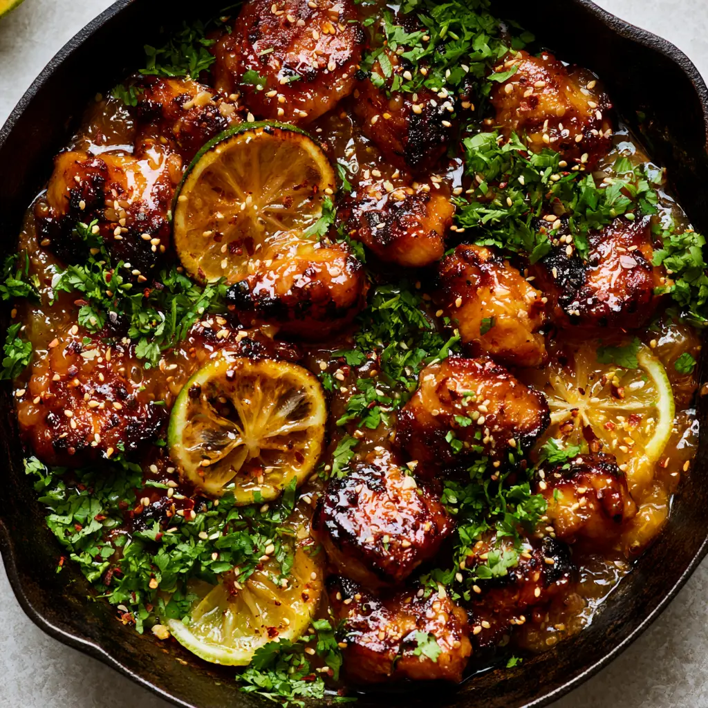Top-down view of Honey Lime Chicken with caramelized lime wheels in a black skillet on a stone surface.
