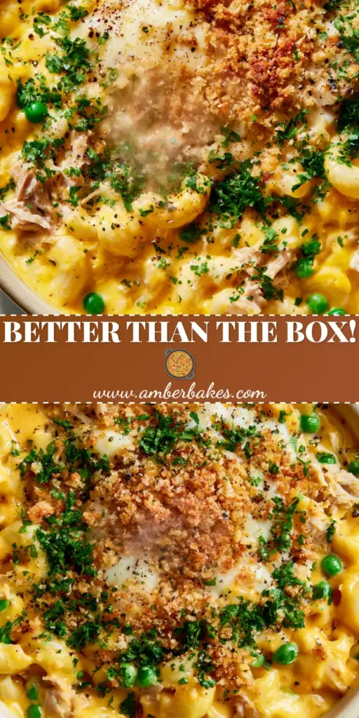 A close-up vertical shot of one-pot tuna helper in a ceramic skillet showing bubbling mozzarella and golden panko. (tuna helper)