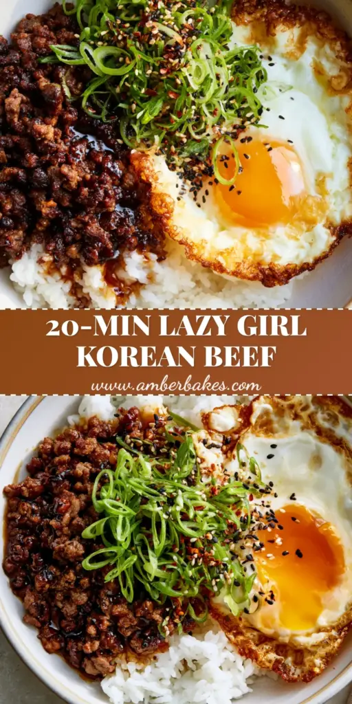 A close-up shot of Korean Ground Beef Rice Bowls featuring caramelized beef, a crispy fried egg with a runny yolk, and fresh green onions over jasmine rice.