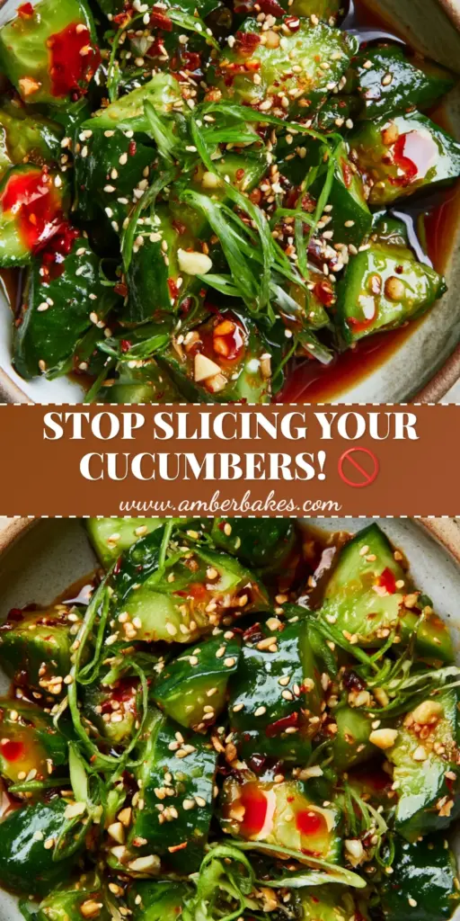 A top-down view of a rustic bowl of Asian cucumber salad with vibrant emerald skins, bright red chili oil swirls, and sesame seeds.
