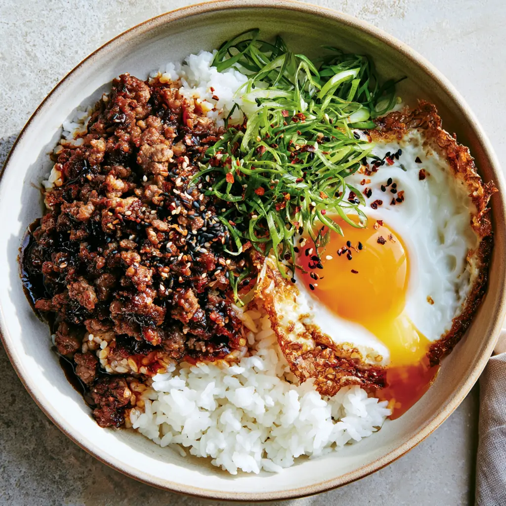 Detailed close-up of a crispy-edged fried egg sitting atop a heap of caramelized Korean ground beef and white rice.