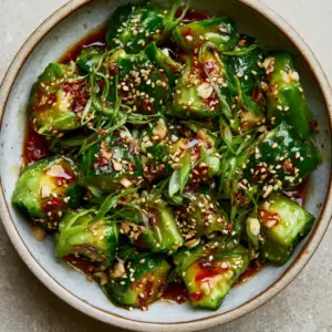 Close-up of smashed Persian cucumbers with jagged edges drenched in glossy dark soy dressing and chili oil. (Asian cucumber salad)