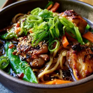 Extreme macro close-up of thick wheat noodles drenched in a glossy dark umami sauce with steam wisps. (Asian dinner ideas)