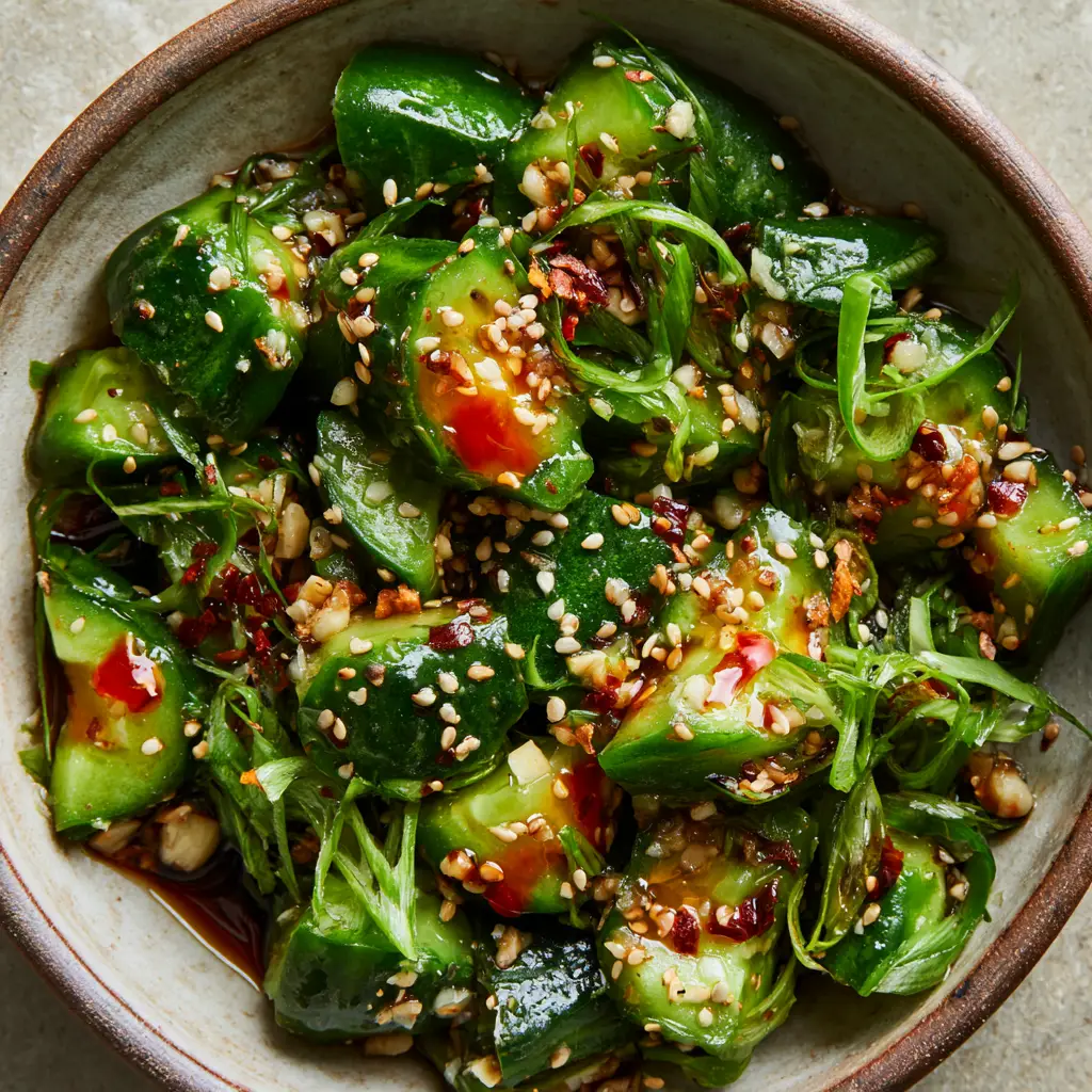 Smashed Asian cucumber salad in a rustic ceramic bowl showing translucent flesh and vibrant green skins under natural light.
