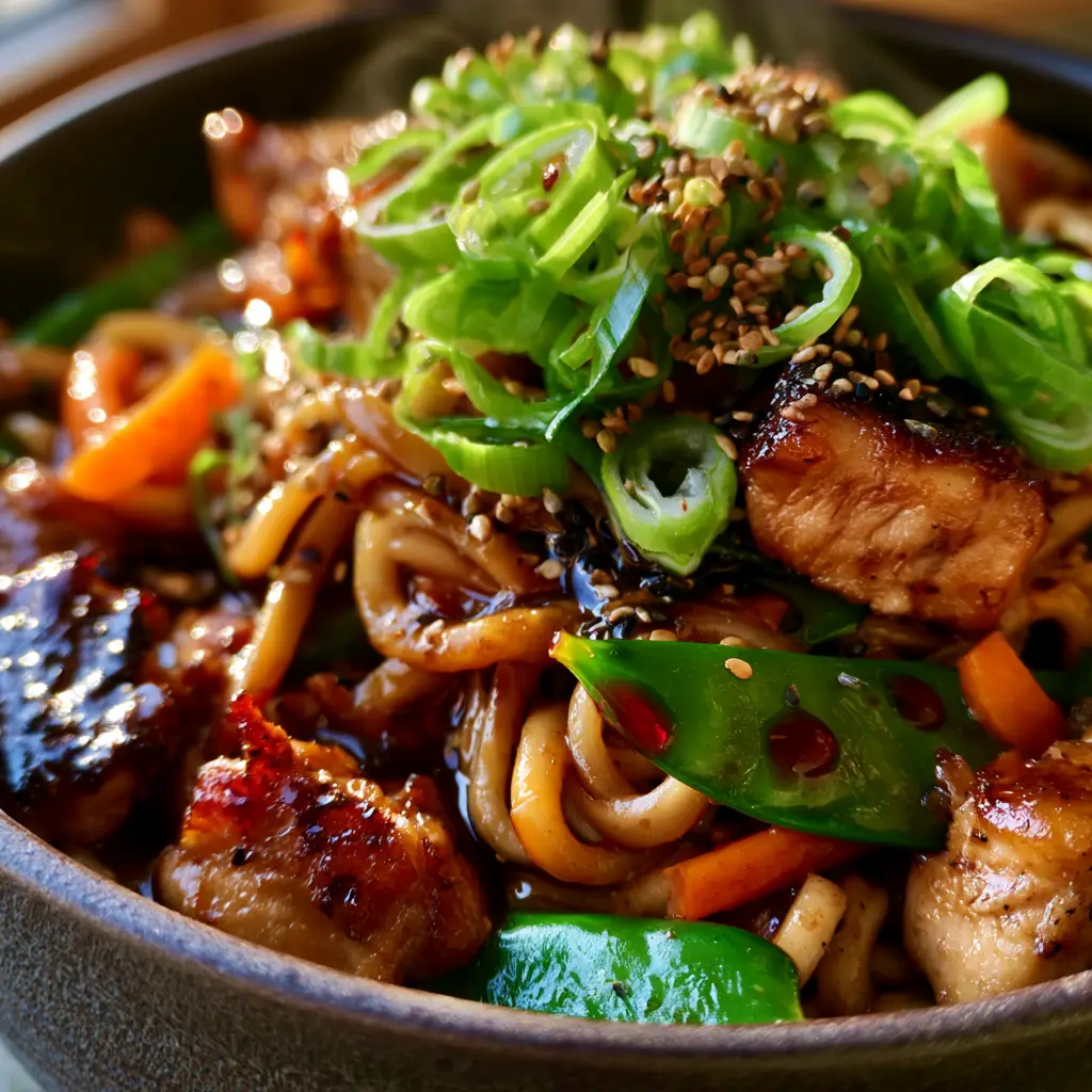 Macro shot of seared chicken thigh pieces with char marks and neon-green scallion rings. (Asian dinner ideas)
