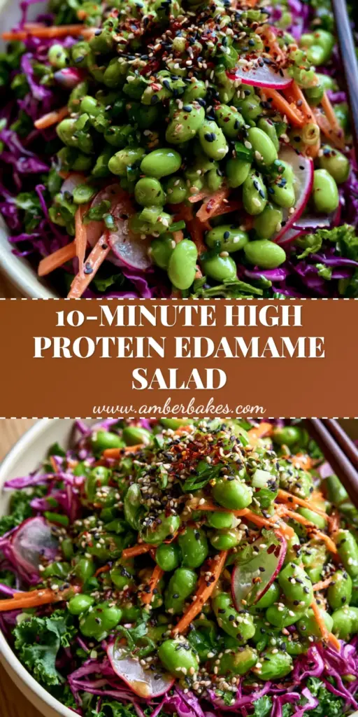 A vibrant Japanese edamame salad in a matte cream ceramic bowl, featuring bright green edamame, purple cabbage, and a glossy sesame dressing.