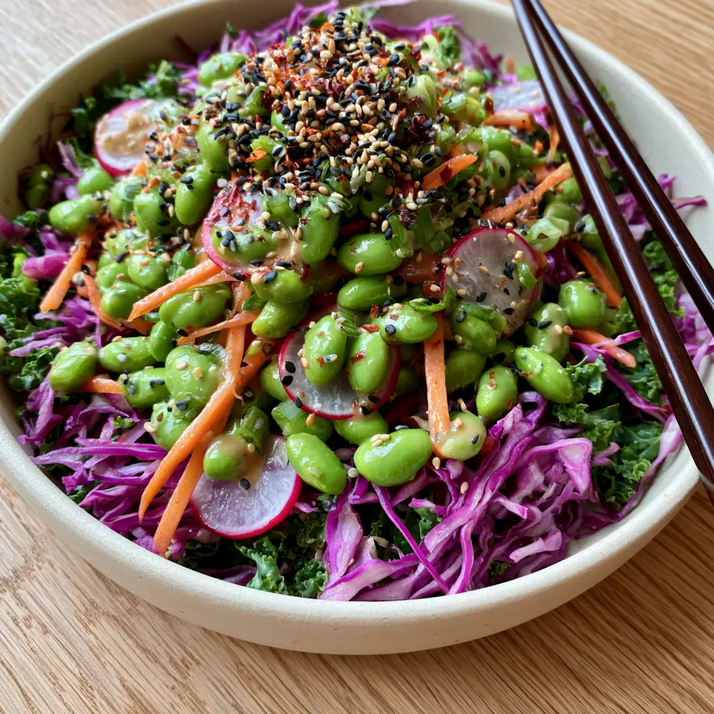 Top-down view of Japanese edamame salad with dark wood chopsticks on an oak surface.