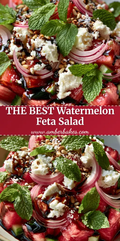 A top-down view of an elevated watermelon feta salad in a ceramic bowl, featuring ruby red watermelon cubes, cucumber, creamy feta crumbles, and mint. (watermelon feta salad)