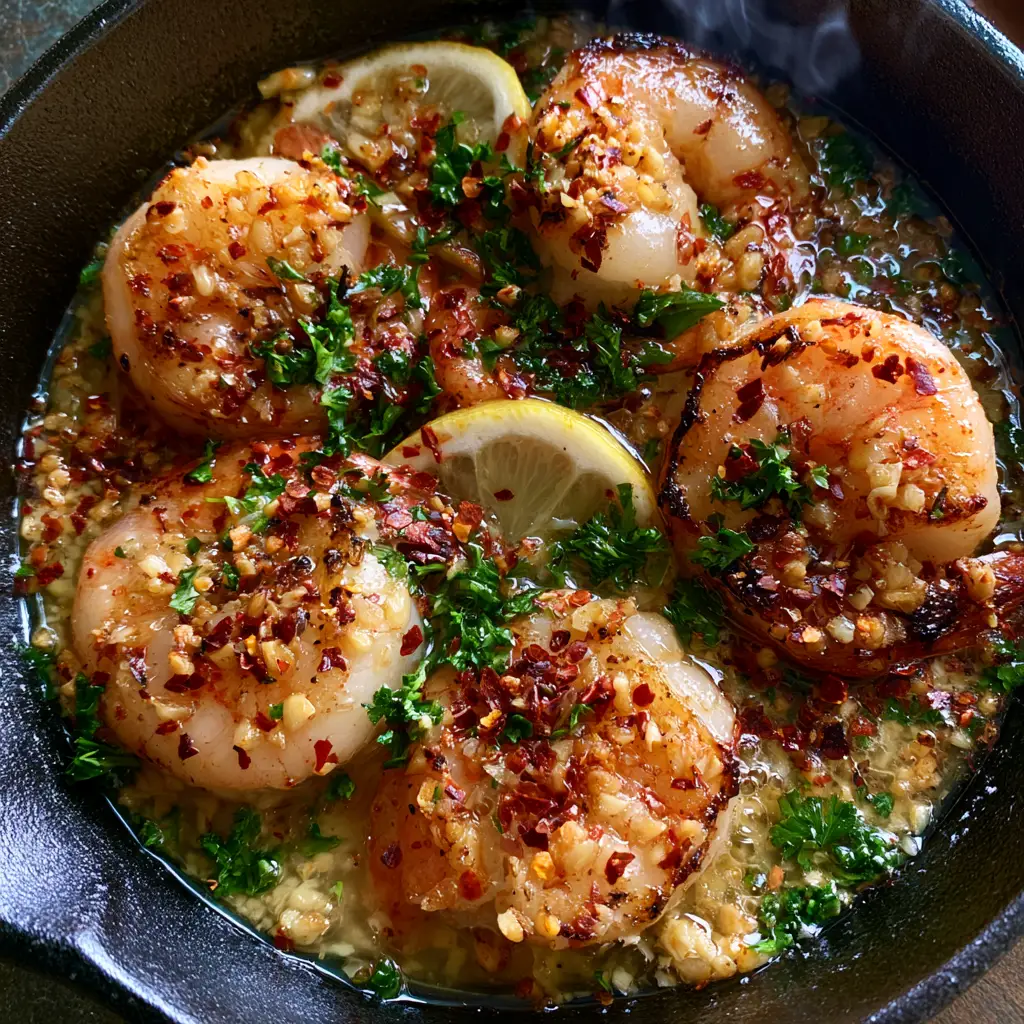 Top-down flat lay of garlic butter shrimp in a cast iron skillet with lemon slices and parsley. (easy seafood recipes)