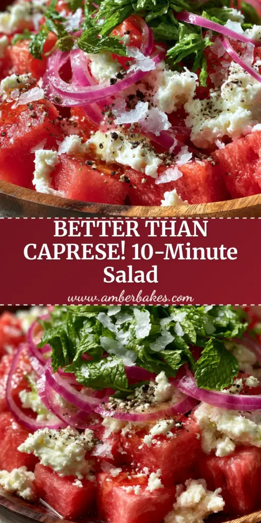 A close-up shot of a watermelon salad featuring deep-red cubes, white feta crumbles, and green mint in a wooden bowl.