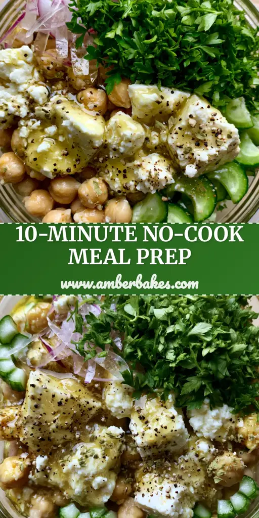 A top-down view of a vibrant chickpea cucumber feta salad in a glass meal-prep container with fresh parsley and red onion. (chickpea cucumber feta salad)