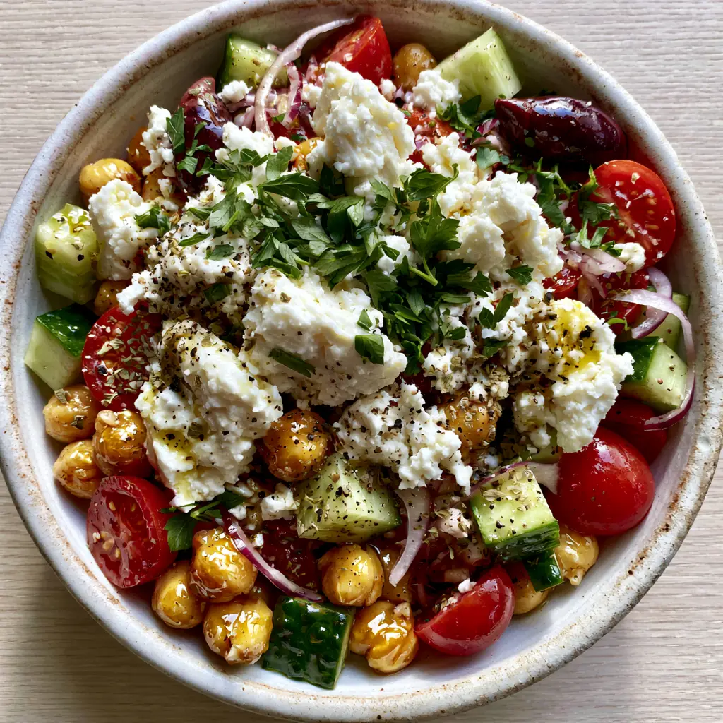 Overhead photo of a Mediterranean feta salad featuring large crumbles of moist feta and whole kalamata olives.