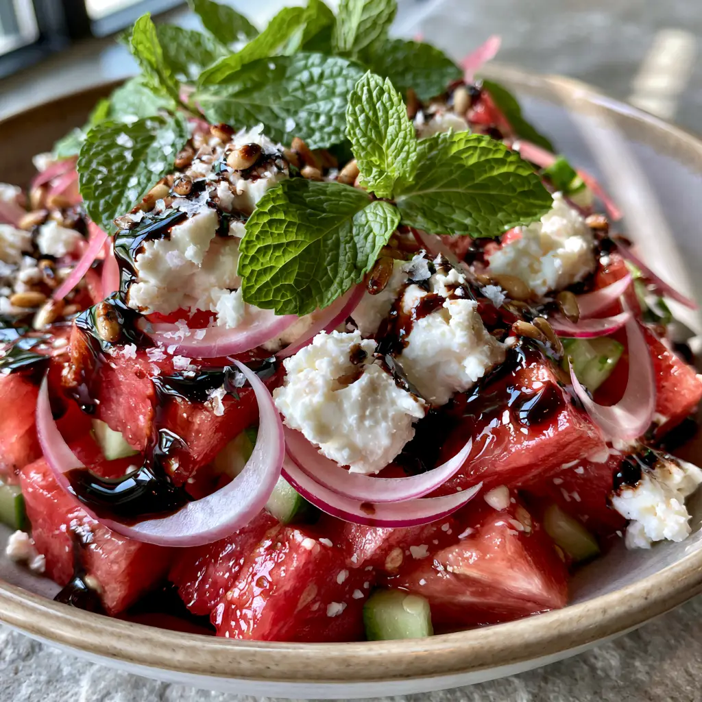 Detailed shot of large rough crumbles of creamy white feta cheese on top of a fresh watermelon feta salad.