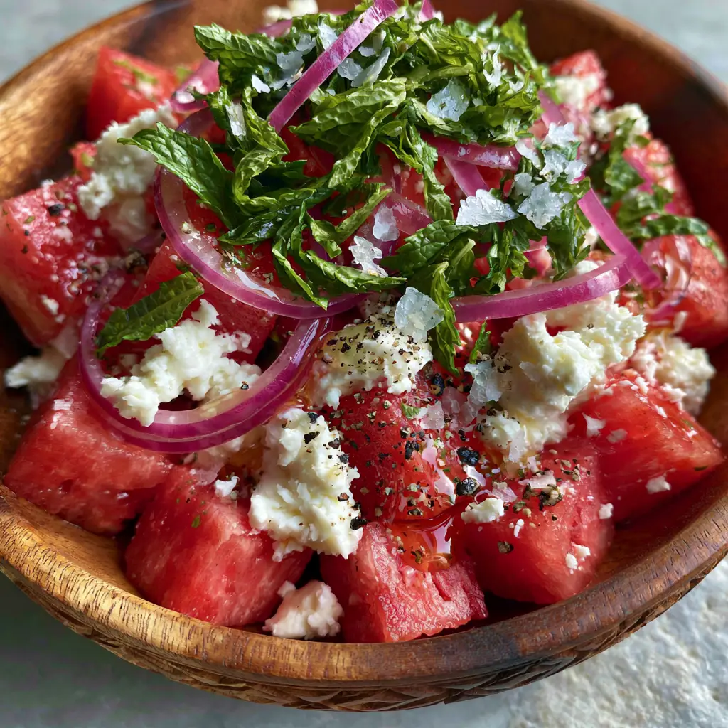 Side-lit shot of watermelon salad in an acacia bowl showing the mint chiffonade and flakey salt garnish. (watermelon salad)